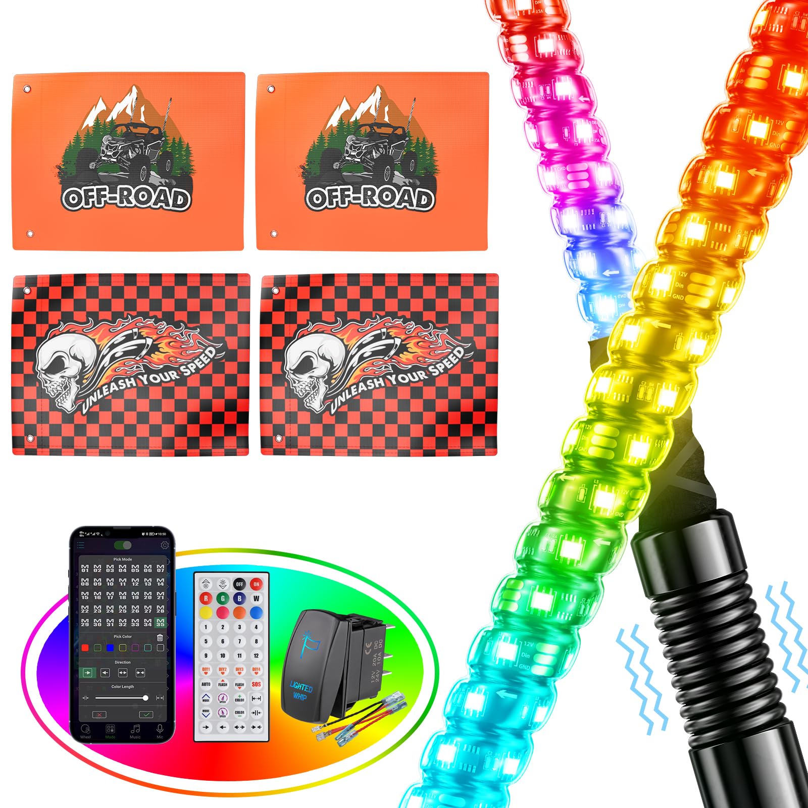 Ehaho 2 Stück Peitschenlicht | 120cm Whip Light Peitsche mit Led Licht | Car Accessories Beleuchtetes Fahnenmast Set mit LED Leuchten | Musik Peitsche Licht für Offroad Jeep RZR ATV UTV Truck von Ehaho