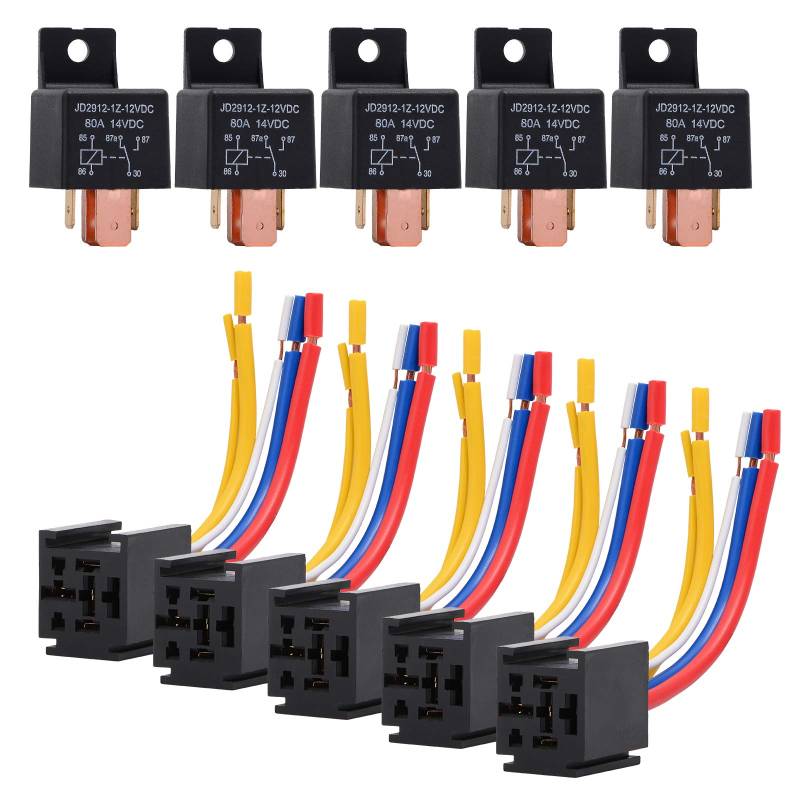 EHDIS 5 Stück Relais 12V 80A 5 Pin für Car Auto Truck Motor Heavy Duty Heavy Duty EIN/Aus Normal offen SPDT Relais Steckdose Stecker 5 Wire Automotive von EHDIS