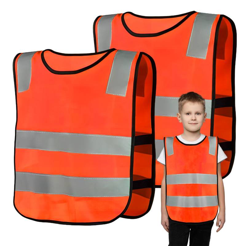 2 Pcs Warnweste Kinder 6-14 Jahre, Reflektierende Weste Mädchen Jungen, Atmungsaktiv Und Universal Größe, 360 Grad Stark Sichtbar, Sicherheitsweste Orange Grün für Schulweg Fahrrad Auto Sport (Orange) von Ehuihuan