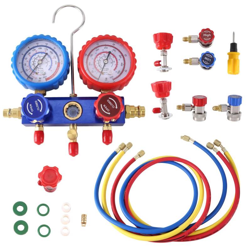 Eighosee AC-Verteilermessgerät-Set AC-Diagnose-Verteilermessgerät-Set + 5-Fuß-Schlauchadapter, 1/4-Schlauchanschlüsse, 3-Wege-AC-Messgeräte von Eighosee