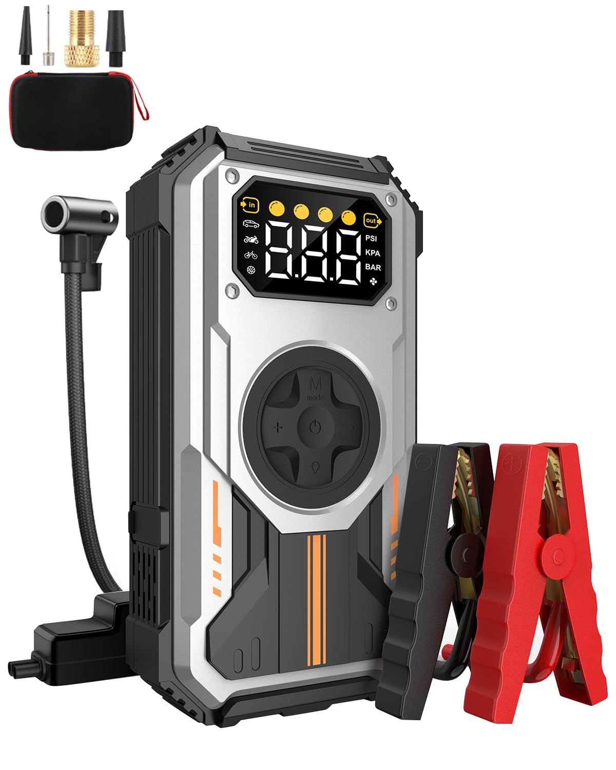 Eigotrav Starthilfe Powerbank, 6000A Auto Starthilfe (Bis zu 7.5L Benzin, 6L Diesel), 5-in-1 Tragbarer Starter Powerbank mit 150PSI Kompressor, LCD Display, LED Taschenlampe von Eigotrav