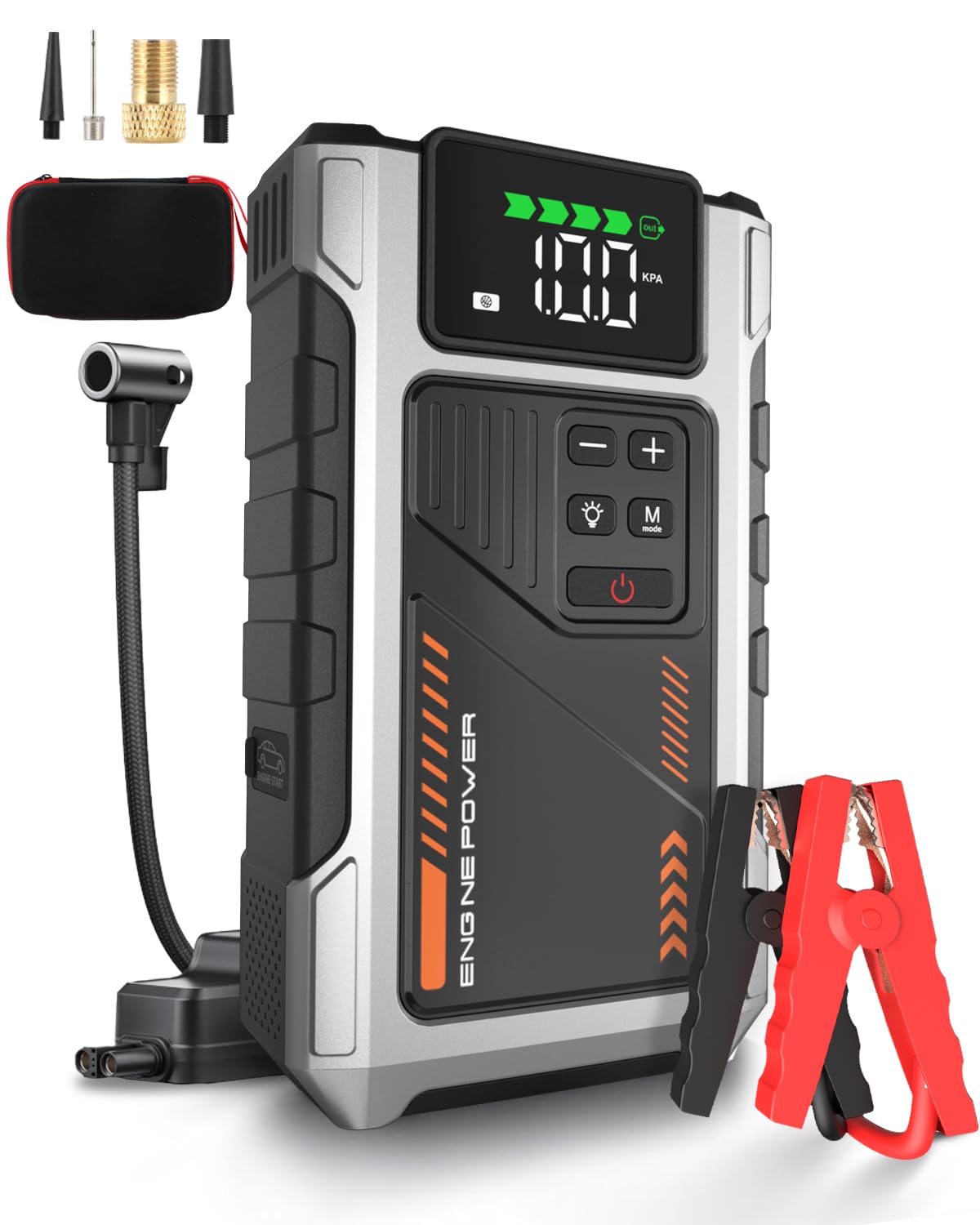 Eigotrav Starthilfe Powerbank mit 150 PSI Luftkompressor, 6000A Auto Starthilfe (Bis zu 7.5L Benzin, 6L Diesel), Tragbarer Starter Powerbank mit LCD Display, LED Taschenlampe von Eigotrav