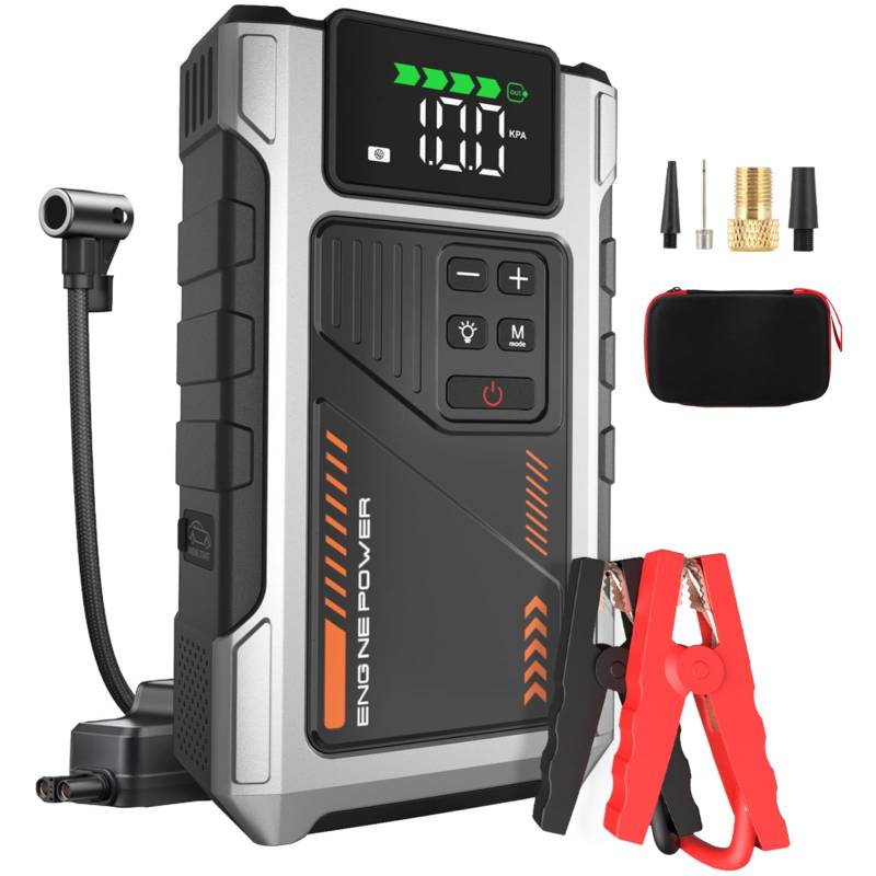 Eigotrav Starthilfe Powerbank, 6000A Booster Auto Starthilfe, Tragbarer Starter Powerbank mit Luftkompressor, LCD Display, LED Taschenlampe von Eigotrav