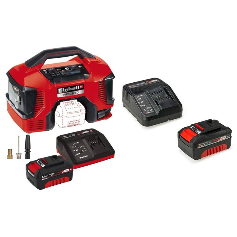 Einhell Akku-Kompressor PRESSITO Power X-Change (Li-Ion, 18 V, max. 11 bar, 710 mm Schlauchlänge, Hochdruck-, Niederdruckpumpe, inkl. 3-tlg. Adapter-Set, inkl. 4,0 Ah Akku und Ladegerät) von Einhell