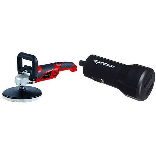 Einhell Winkelpolierer CC-PO 1100/1 E (1.100 W, 1.000-3.500 min-1 Drehzahl, 180mm Scheiben-ø, Soft Start, Spindelarretierung, umfangreiches Zubehör) AmazonBasics - Kfz-Ladegerät für Apple- & Android-Geräte, USB-Anschluss: 2 Eingänge, 4,8 Ampere / 24 W, Schwarz von Einhell