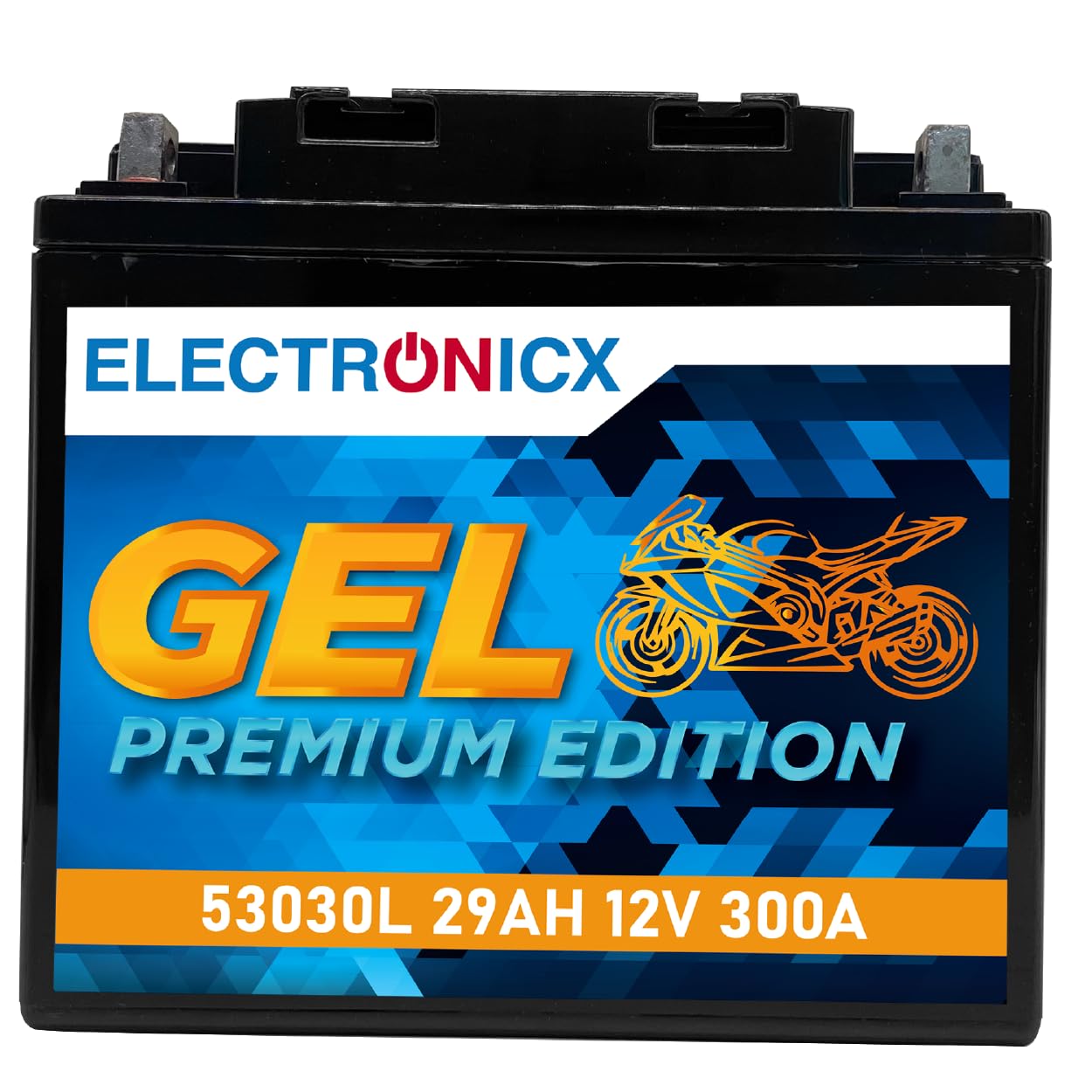 ELECTRONICX GEL-Motorradbatterie 53030L 12V 29Ah 300A/EN – Vorgeladen, Wartungsfrei, Auslaufsicher – Zuverlässige Startkraft, Lange Lebensdauer – Pluspol links – Ideal für ABS-Motorräder und Off-Road von Electronicx