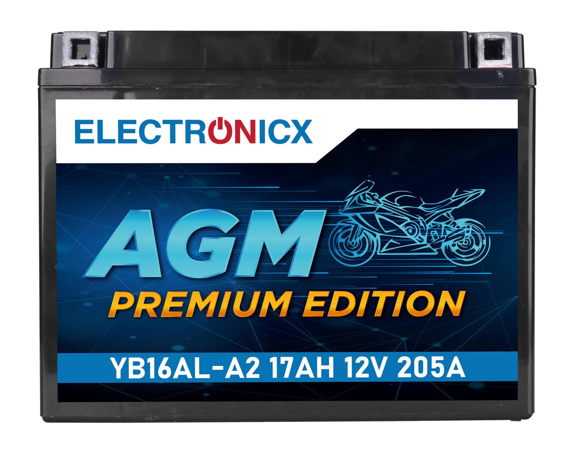 Electronicx AGM Motorradbatterie 12V 17Ah 205A/EN YB16AL-A2 - Wartungsfrei, Hohe Startleistung, Vibrationsresistent, Langlebig, Ideal für Motorräder von Electronicx