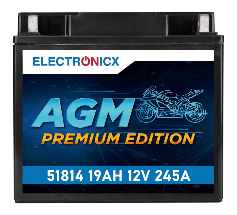 Electronicx AGM-Motorradbatterie 12V 19Ah 245A – Wartungsfrei, Hohe Startleistung, Erschütterungsfest – Ersetzt 51814, 51913, YT19BL, YT19BL-BS – komptibel mit BMW R-Serie, K-Modelle, Quads & ATVs von Electronicx