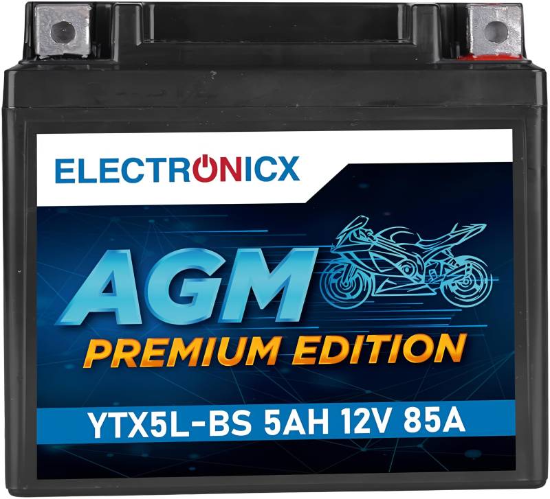 Electronicx AGM Motorradbatterie 12V 5Ah YTX5L-BS 85A – Wartungsfrei, Vibrationsresistent, Auslaufsicher – Ideal für Roller, Tourer, Enduro, Sportler und Chopper von Electronicx