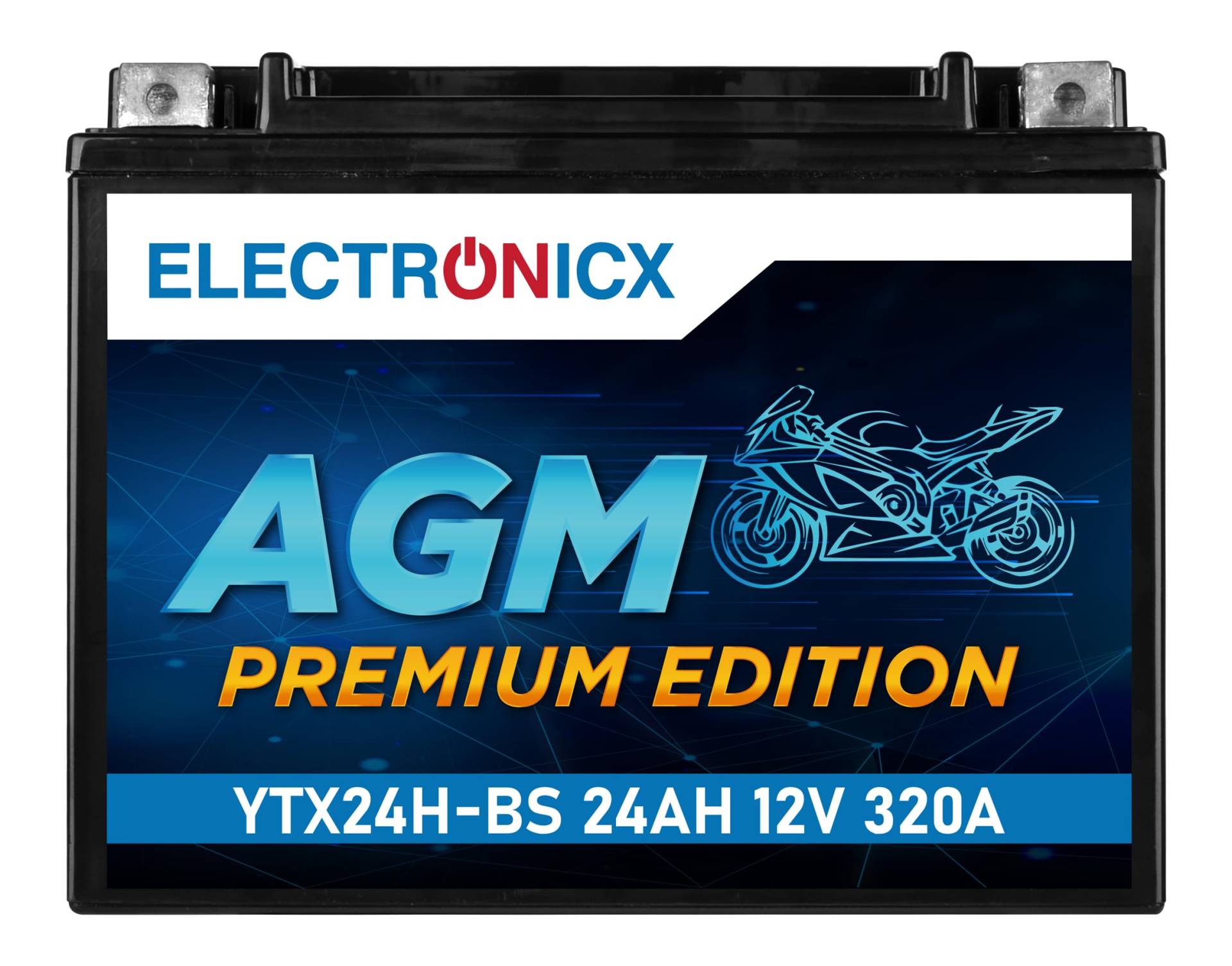 Electronicx AGM-Motorradbatterie AGM12-24HL-BS – 12V 24Ah 335A, Wartungsfrei, Ersetzt YTX24HL-BS & Y50-N18L-A3 – Hohe Startleistung für Motorräder, Quads, Roller & Rasentraktoren von Electronicx