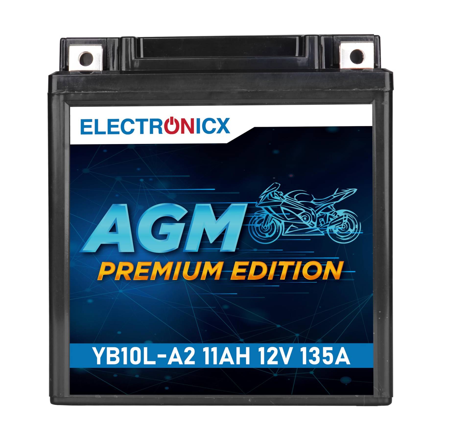 Electronicx AGM Motorradbatterie YB10L-A2 12V 11Ah 135A/EN – Wartungsfrei, Langlebig, Maximale Leistung – Optimal für leistungsstarke Motorräder von Electronicx