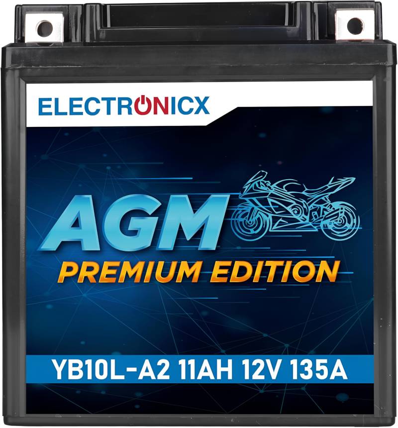 Electronicx AGM Motorradbatterie YB10L-A2 12V 11Ah 135A/EN – Wartungsfrei, Langlebig, Maximale Leistung – Optimal für leistungsstarke Motorräder von Electronicx