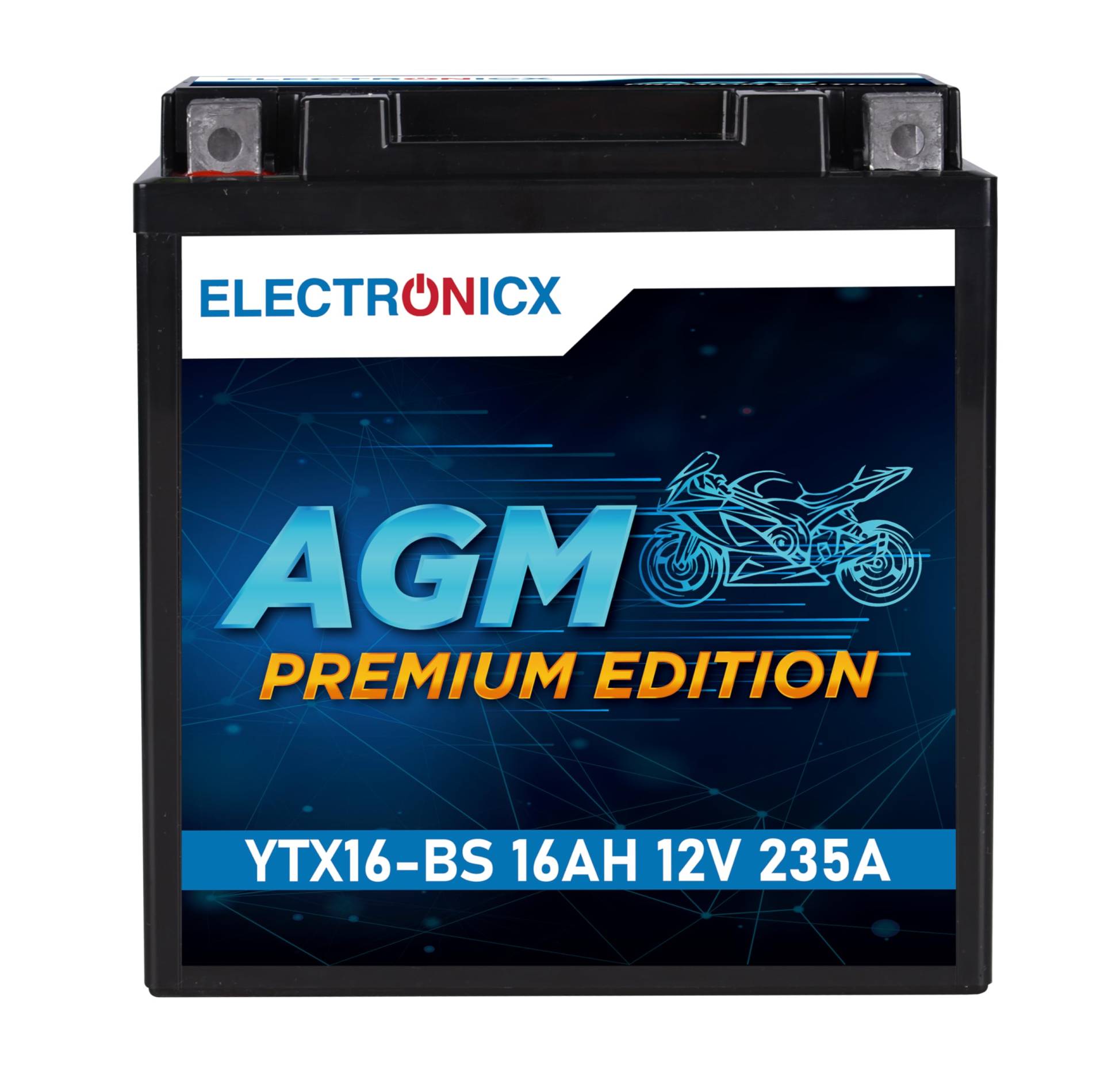 Electronicx AGM-Motorradbatterie YTX16-BS 12V 16Ah 235A/EN - Wartungsfrei, Hohe Startleistung, Langlebig & Auslaufsicher - Ideal für eine Vielzahl von Motorrädern von Electronicx