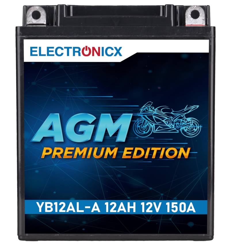 Electronicx YB12AL-A AGM-Motorradbatterie 12V 12Ah – Wartungsfrei, Hohe Startleistung, Langlebig – Auslaufsicher & Vibrationsfest – Ideal für Motorrad, Roller, Quad & Rasentraktor von Electronicx