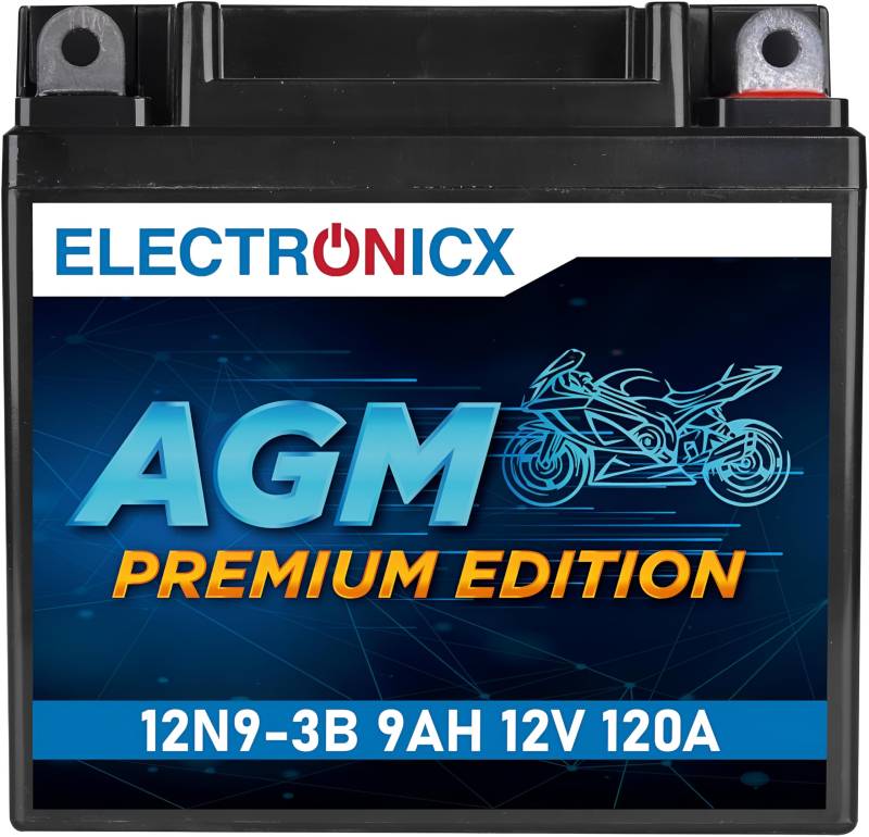 Electronicx YB9L-B AGM Motorradbatterie 12V 9Ah 120A/EN 12N9-3B – Wartungsfrei, Auslaufsicher, Hohe Startleistung, Langlebig, Vibrationsresistent, Schnellladefähig von Electronicx