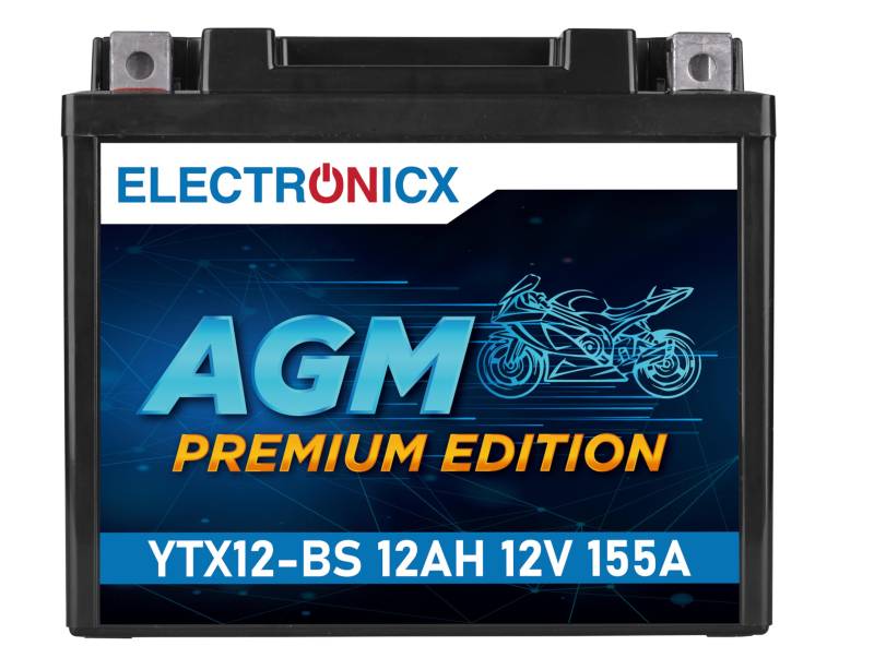 Electronicx YTX12-BS AGM Motorradbatterie 12V 12Ah – Wartungsfrei, Rüttelfest, +30% Startleistung – Perfekt für Motorräder, Roller & Quads – Hohe Kapazität, Ideal für ABS-Systeme von Electronicx