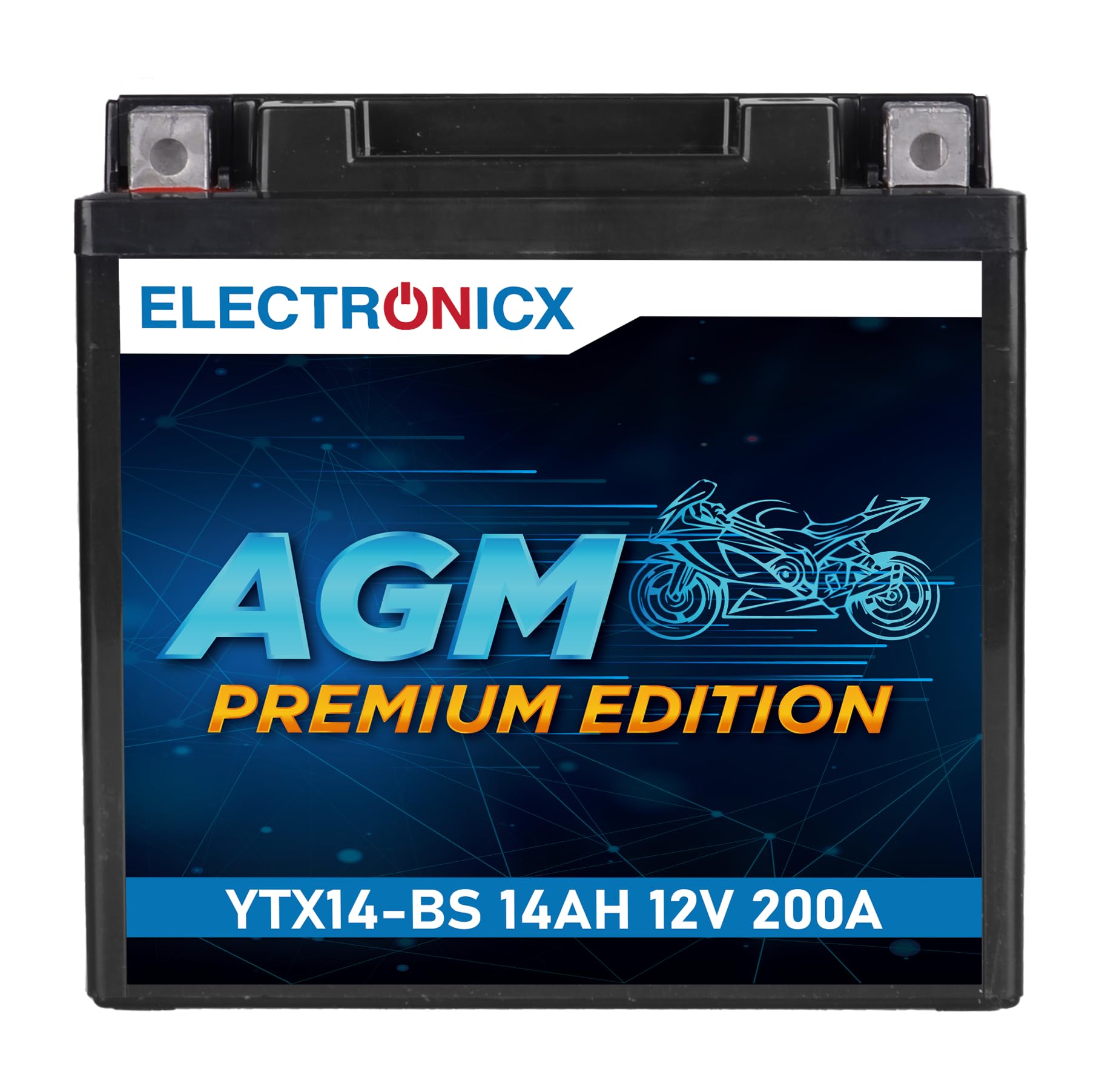 Electronicx YTX14-BS AGM Motorradbatterie 12V 14Ah – Wartungsfrei, Hohe Startleistung, Rüttelfest – Ideal für Motorrad & Roller – Perfekt für Rennmaschinen & Off-Road von Electronicx