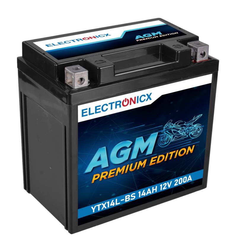 Electronicx YTX14L-BS AGM-Motorradbatterie 12V 14Ah 200A – Wartungsfrei, hohe Startleistung, langlebig, auslaufsicher & rüttelfest – ideal für Motorräder mit hohem Energiebedarf von Electronicx