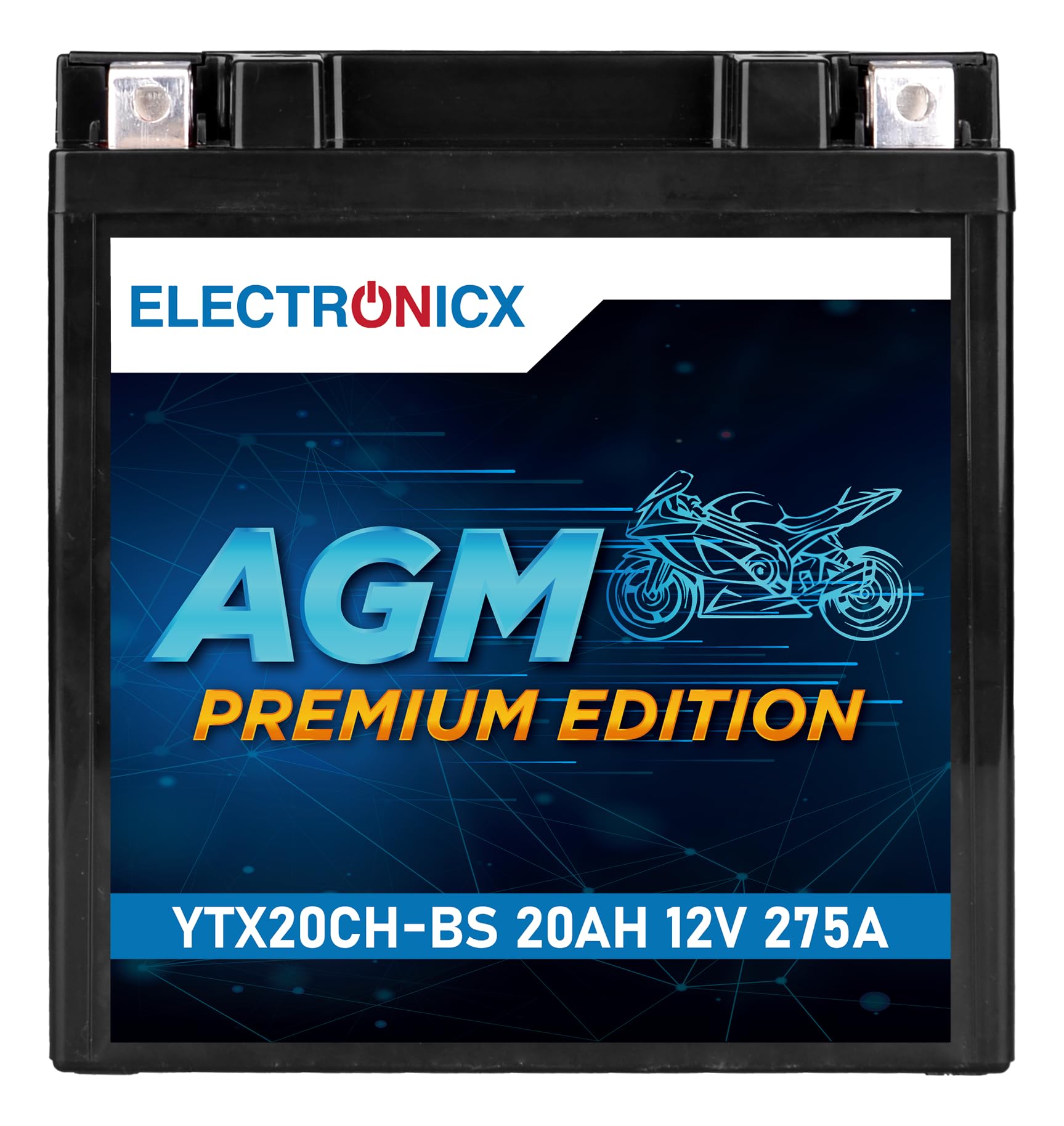 Electronicx YTX20CH-BS AGM Motorradbatterie 12V 20Ah 275A/EN – Wartungsfrei, Auslaufsicher, Doppelte Lebensdauer – Hohe Startkraft kompatibel mit Harley Davidson, Yamaha, Honda und mehr von Electronicx