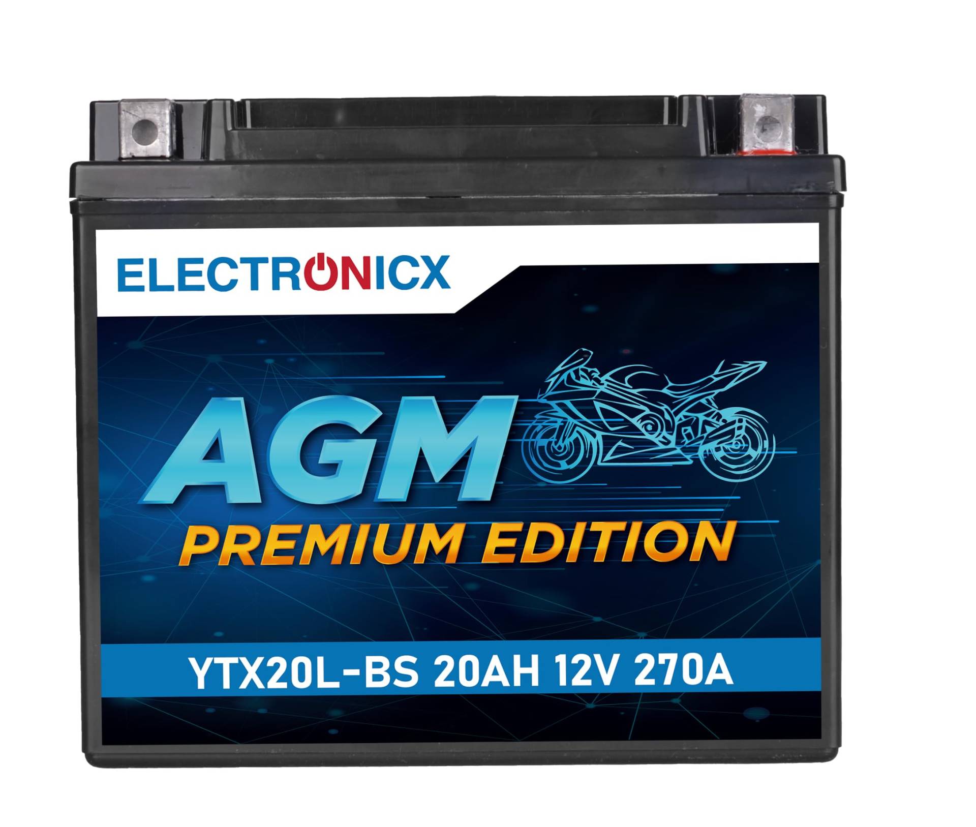 Electronicx YTX20L-BS AGM Motorradbatterie 12V 20Ah – Wartungsfrei, Hohe Startleistung, Vibrationsresistent – Optimal für Off-Road, Rennmaschinen und Fahrzeuge mit ABS von Electronicx