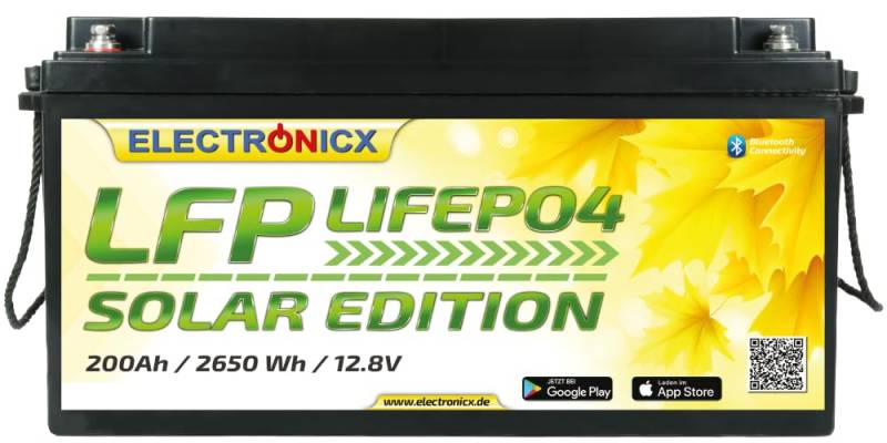 Lifepo4 200Ah 12V Batterie Solarspeicher Stromspeicher Wohnmobil Camping Lithium Batterie 12V 200 Ah für nachhaltige Energie – BMS Bluetooth Edition von Electronicx