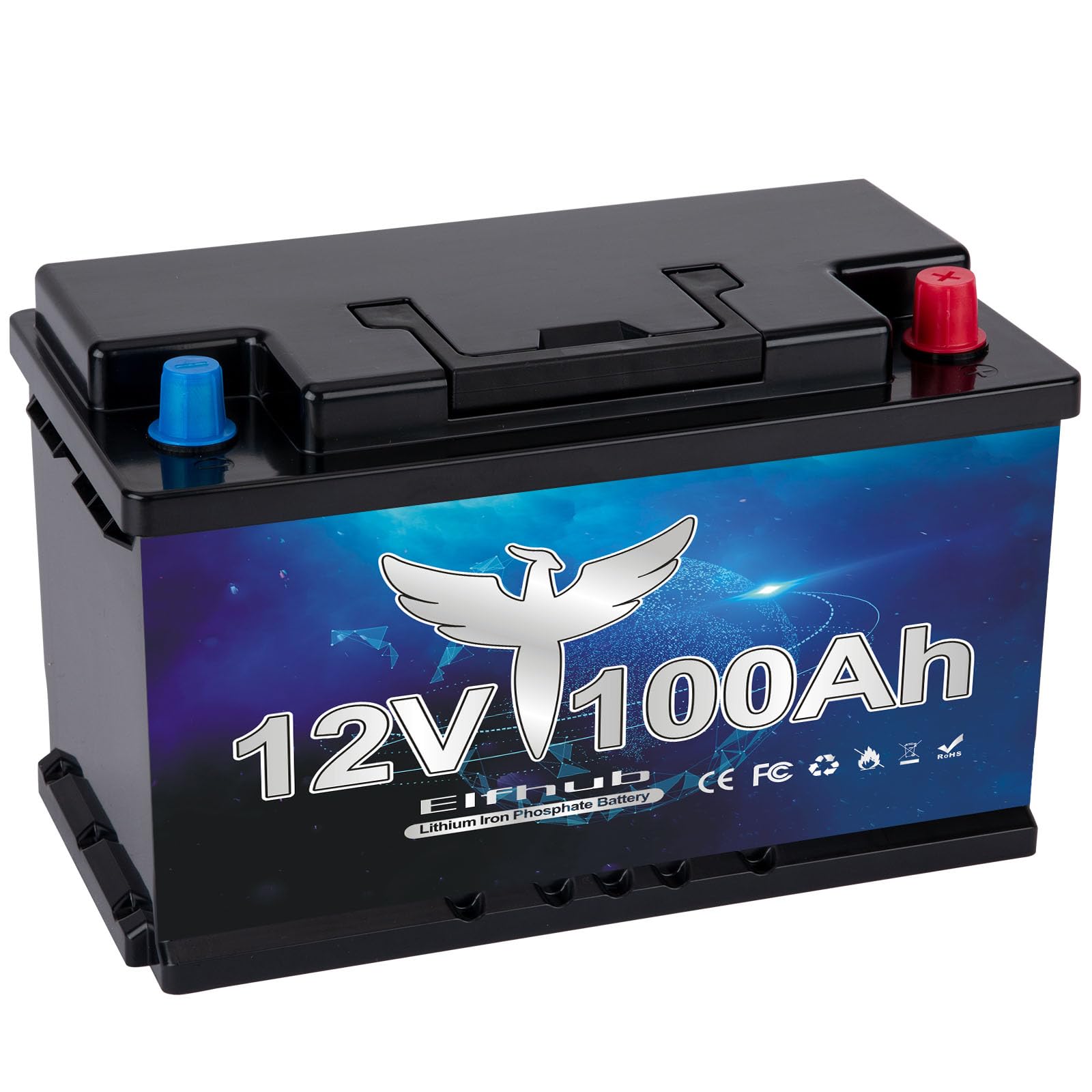 12V 100Ah MINI LiFePO4 Batterie, 100A BMS, 4000-15000 Zyklen Deep Cycle Lithium Akku, MAX 1280W Leistung, Perfekter Ersatz für Blei-Säure Batterien für Wohnwagen, Camping, Solar Home Systeme, Boote von Elfhub