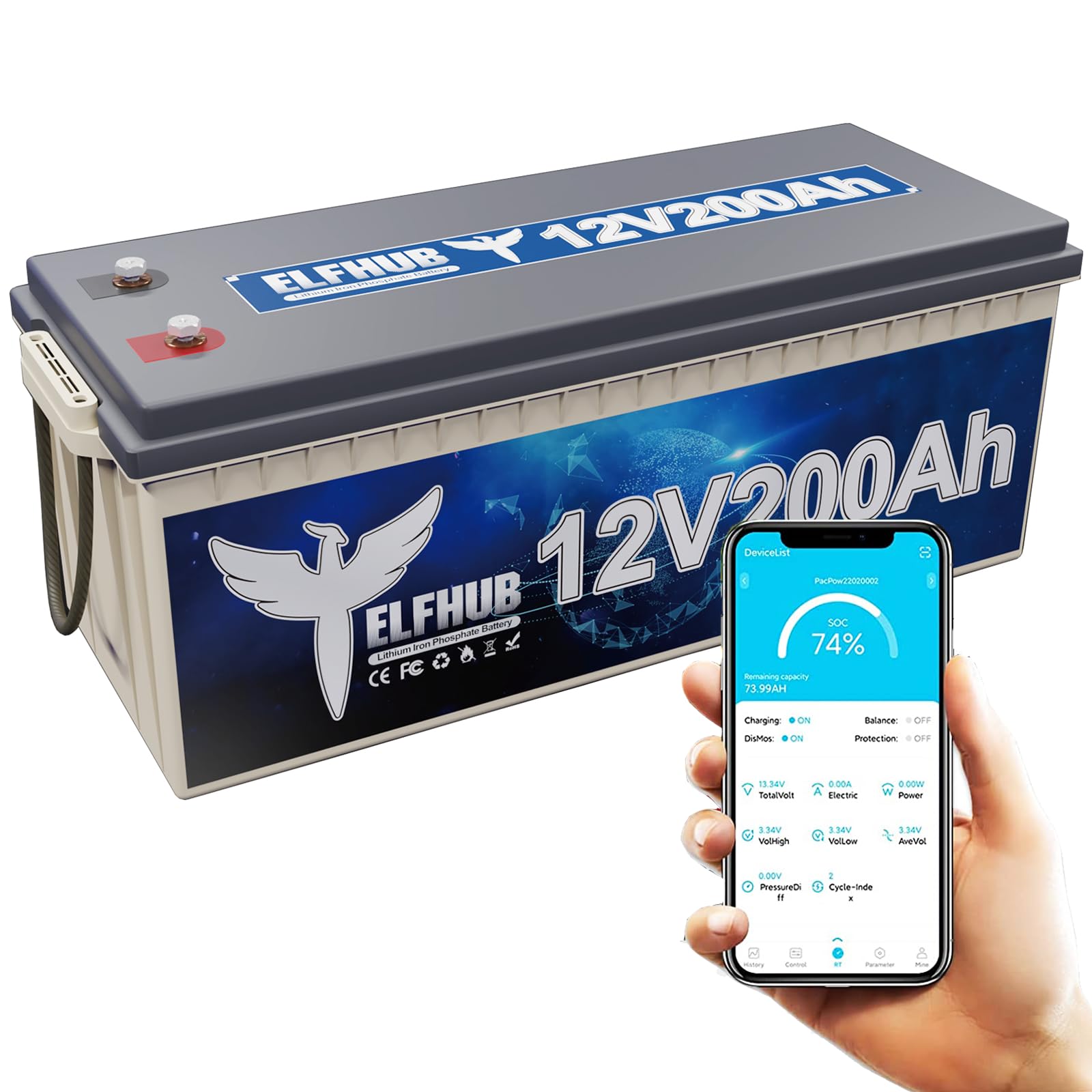 Elfhub 12V 200Ah LiFePO4 Autobatterie mit Bluetooth Eingebauter 200A BMS, 2560Wh Deep Cycle Lithium Batterie, 4000+ Zyklen, Ideal für Wohnmobil, Solar Trailer, Boot und Camping von Elfhub