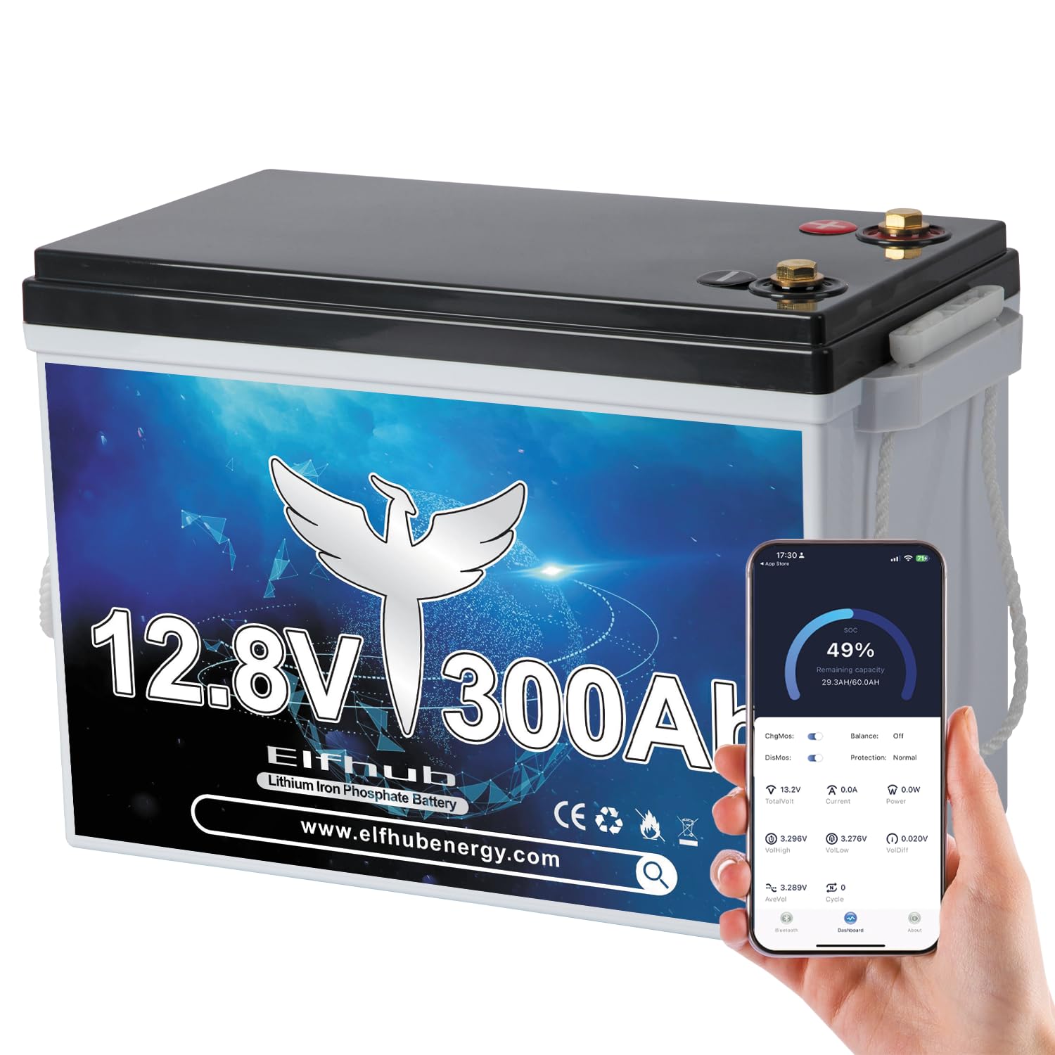 Elfhub 12V 300Ah LiFePO4 Autobatterie mit Bluetooth Eingebauter 200A BMS,3840Wh Deep Cycle Lithium Batterie, 4000+ Zyklen, Ideal für Wohnmobil, Solar Trailer von Elfhub