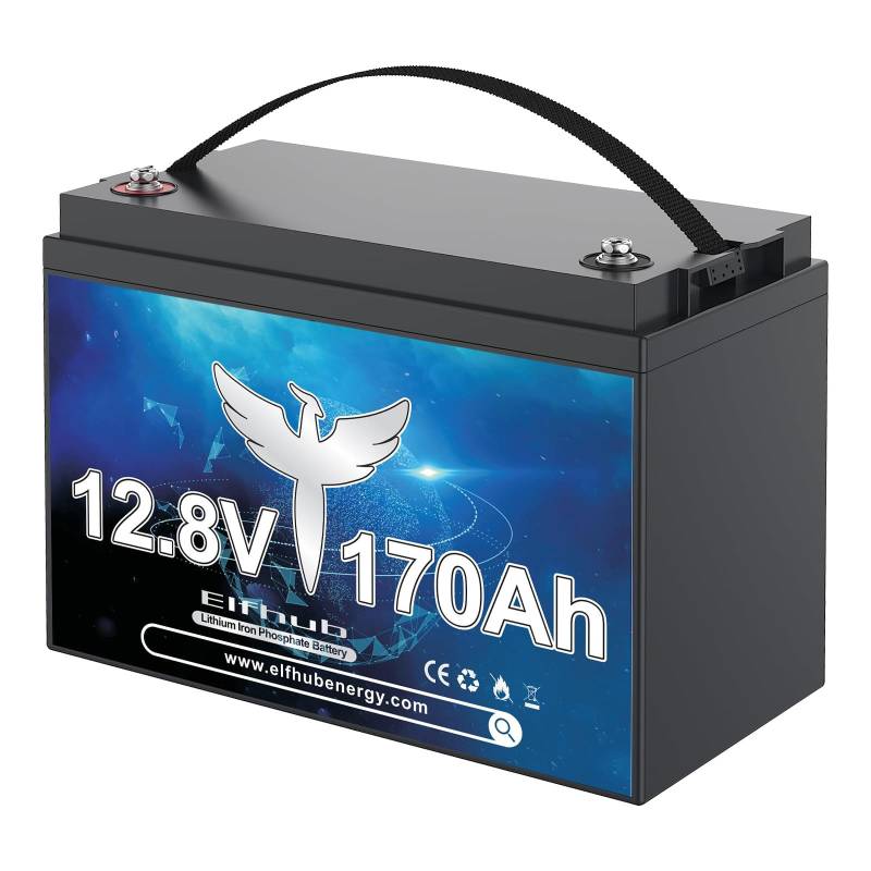 Elfhub LiFePO4 12.8V 170Ah Autobatterie 150A BMS über 15000 Mal Tiefzyklus Lithium Akku 2176W Abschaltschutz bei Niedriger Temperatur für Wohnmobil, Camping, Boot, Solare Heimanlagen von Elfhub