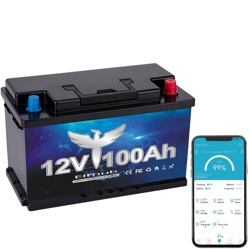 Elfhub LiFePO4 12V 100AH Autobatterie Bluetooth 100A BMS über 5000 Mal Tiefzyklus Lithium Akku 1280W Abschaltschutz bei Niedriger Temperatur für Wohnmobil, Camping, Boot, Solare Heimanlagen von Elfhub