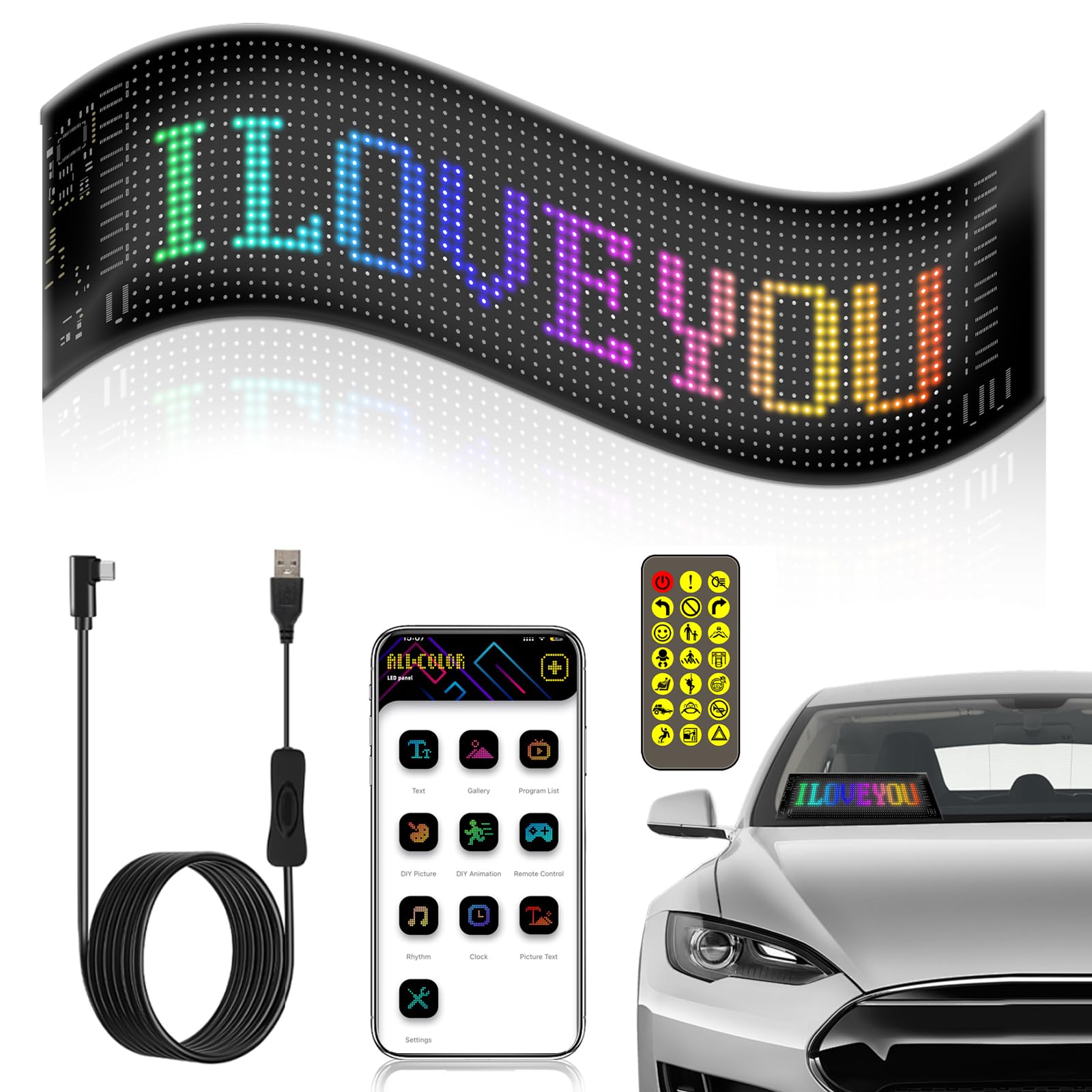 34,8 x 10,2 cm Auto-LED-Schild – Bluetooth-App/Fernbedienung, flexibel programmierbare Auto-LED-Innenleuchten, USB 5 V, benutzerdefiniertes Textmuster, LED-Anzeigetafel, Matrix-Panel, Auto-Gadgets für von EliphonTowne