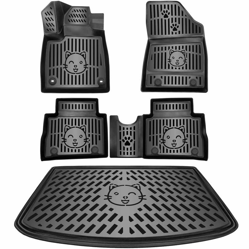 ELMASLINE 3D Gummimatten & Kofferraumwanne Set für ORA FUNKY CAT 2023-2024 | Zubehör Fußmatten Kofferraummatte | Design mit Katzenmotiv von Elmasline