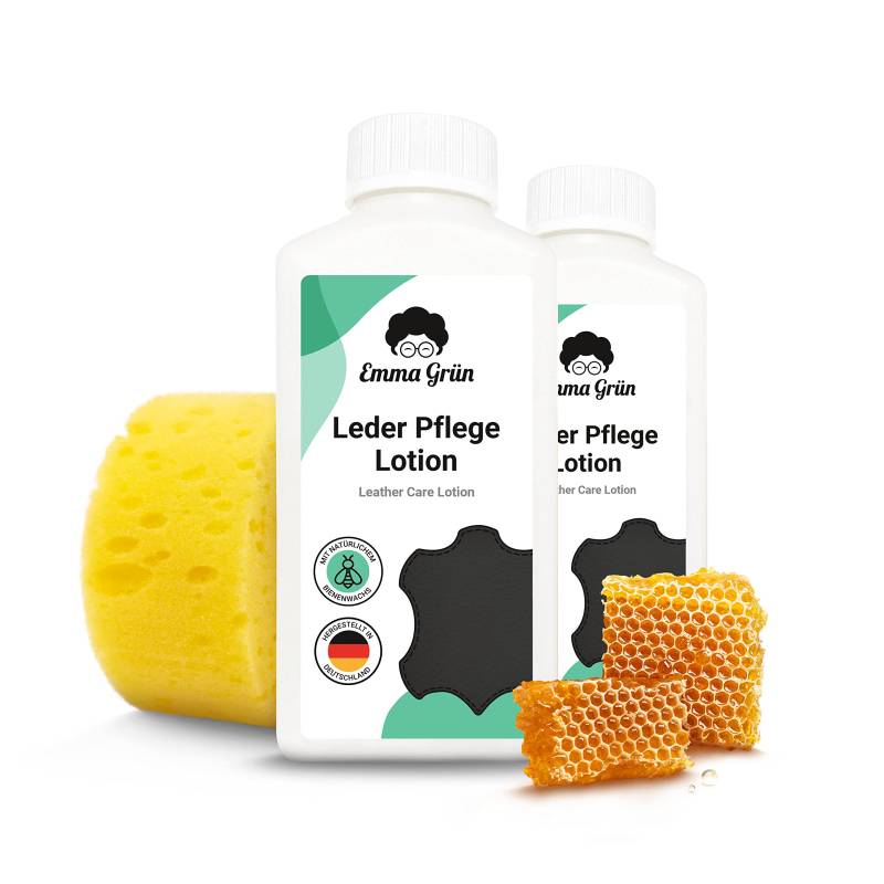 Emma Grün® Lederpflege für Ledercouch & Sofa 2x 250ml [MIT BIENENWACHS] - Glatt- & Kunstleder Pflege - Lederpflege Auto Autositze - Pflegemittel Sofa, Jacken & Autoleder (+SCHWAMM) - Made in Germany von Emma Grün