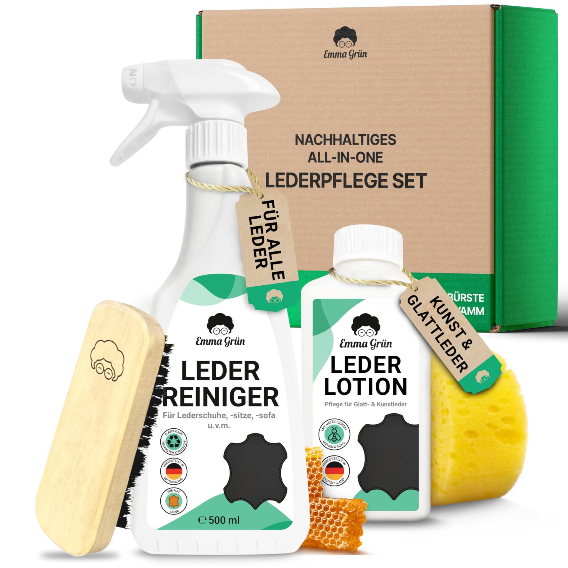 Emma Grün® Lederreiniger & Lederpflege Auto Reinigungsset [MIT BIENENWACHS] - Für Glatt- & Kunstleder - Alcantara Reiniger Autositze - Reiniger & Lederpflege für Ledercouch & Sofa aus Deutschland von Emma Grün