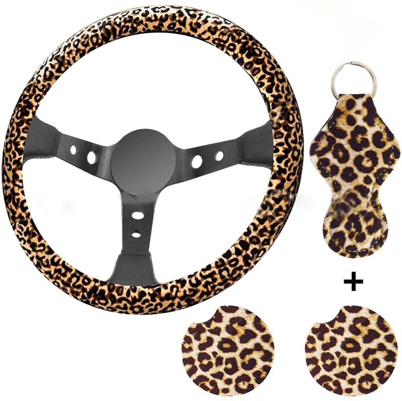 Leopardenmuster Auto-Dekorationen, 4-teiliges Set – Lenkradhülle, Chapstick-Halter, Schlüsselanhänger, 2 Auto-Untersetzer, Neoprenschutz für 38 cm Lenkrad von Enborpe