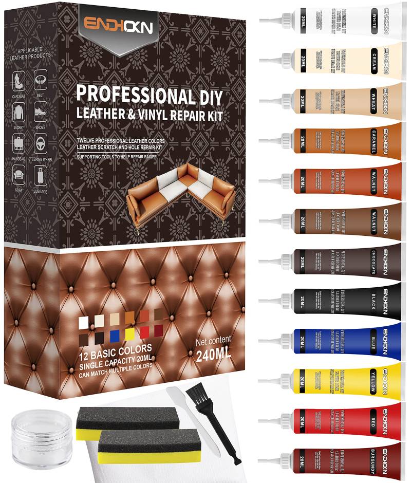 Endhokn Leder Reparatur Set Leder Autositze, Sofas, Lederbekleidung, Ledertaschen, Gürtel, Reisetaschen Usw Kratzer, Löcher, Verschleiß Kunstleder Reparatur Set（12 Farben） von Endhokn