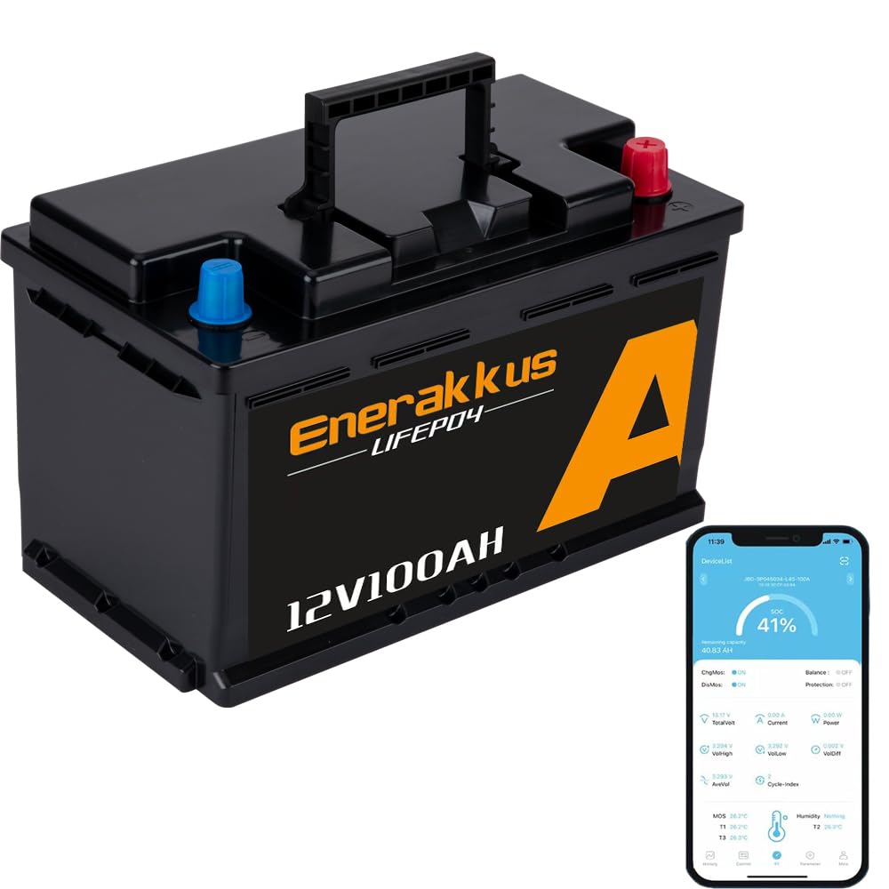 Enerakkus 100ah 12v Batterie mini LiFePO4 Lithium-Akku, Tiefzyklus 12V 100Ah Lithium-Batterie mit integriertem 100A-BMS, Batterie geeignet für Trolling-Motor Akku, Solarbatterien, Wohnmobilen von Enerakkus