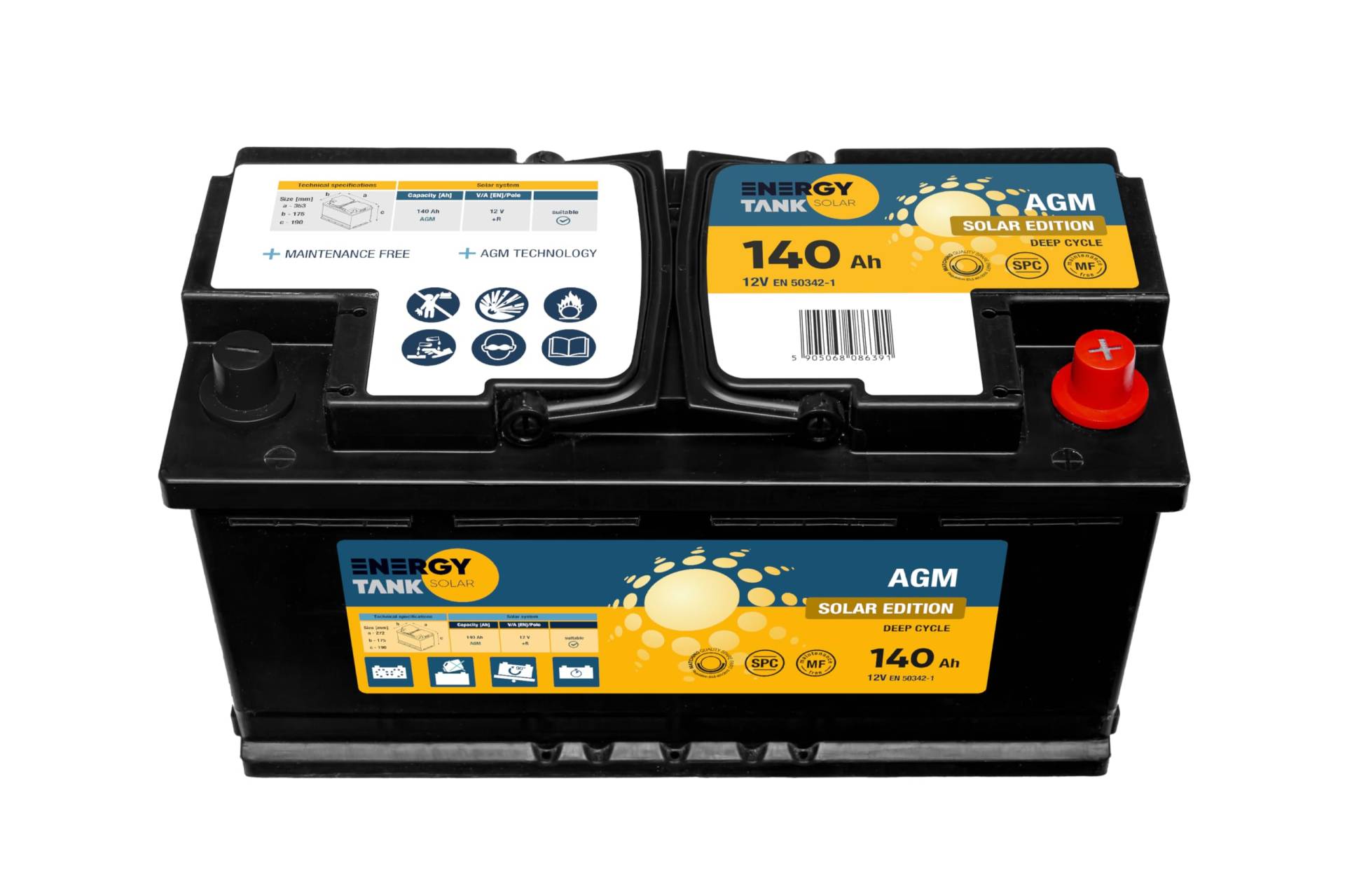 ENERGY TANK Solar 12V Batterie 140 Ah - AGM Batterie 140Ah - Solarbatterie 12 Akku - Lange Lebensdauer 12 Volt Batterie - Solar Batterien 12V - Effiziente Solar Akku 12V - Wartungsfrei Mover Batterie von EnergyTank