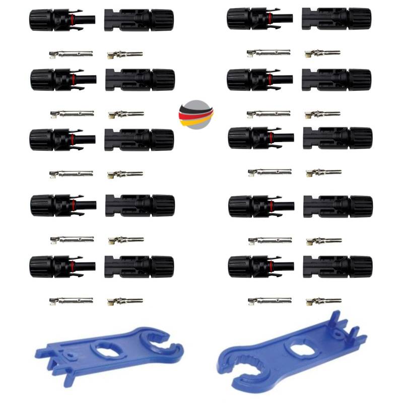 ENVIRON- Solarstecker mit Schlüssel, Pv Stecker Kompatibel mit 6mm2-4mm2, Männlich/Weiblich Solarpanel Ip67 Wasserdicht, Solarkabel, Stecker Solaranlage Schwarz (10 Paar, + 1 Paar Solarspanner Blau) von Environ