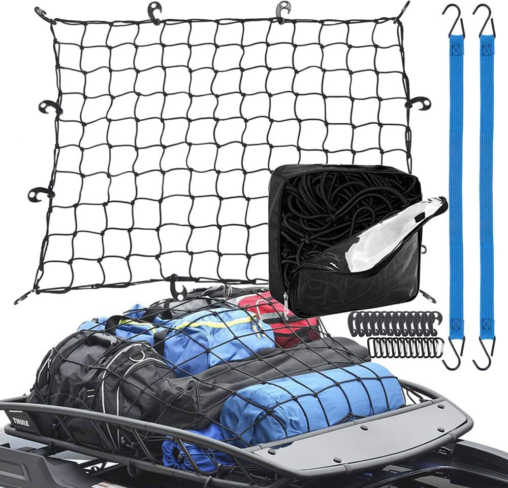 Gepäcknetz 90x120cm Stretches to 180x240cm mit 24 x Stück Universal Haken und 2 x elastische Ladung Schnur, Auto hinten Organizer Karabiner für Dachgepäckträger in Übergröße/Kofferraum/Lastwagen/SUV von Epesl