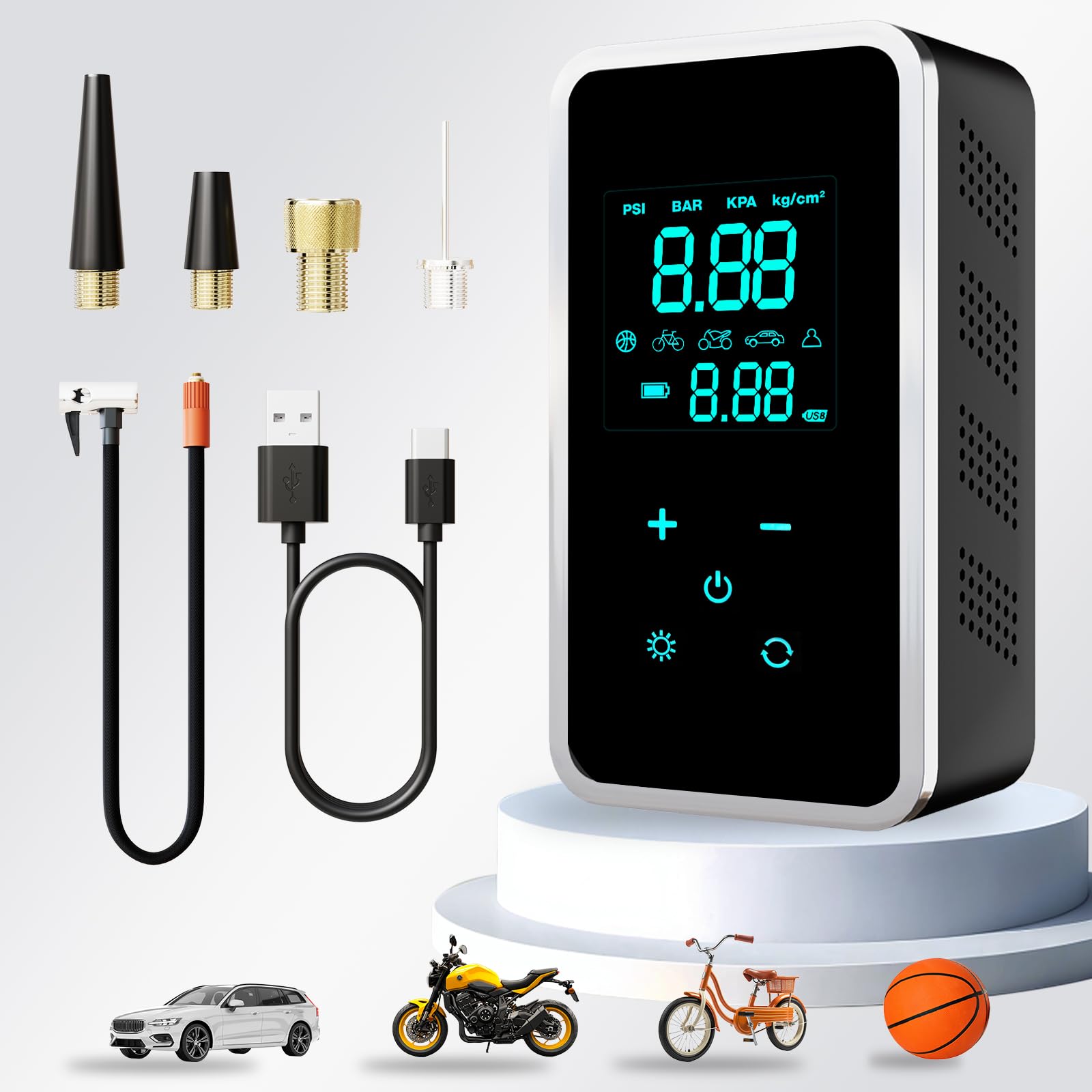 Tragbare Elektrische Luftpumpe mit Touchscreen, Fahrrad Akku Kompressor 150PSI und 4 Modi - Mini Reifenpumpe für Auto, Motorrad, Fahrrad & Bälle, AutoOff, Als Powerbank und LED Taschenlampe von Epochglo