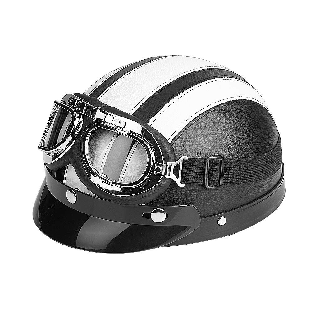 Estink Halbschalenhelm, Scooter Schutz Shell Offen Motorroller Helm Motorradhelm Leder Offener Helm mit Visier Schutzbrillen, 54-60cm (Weiß) von Estink