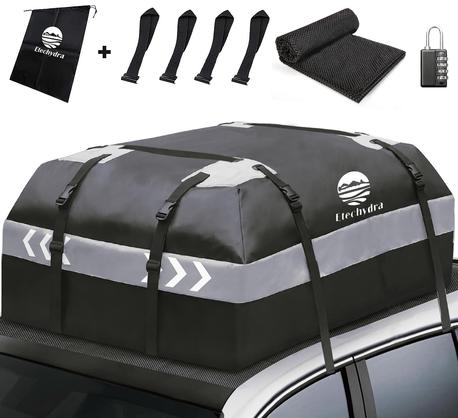 Etechydra Dachboxen Auto Dachtasche, 15 Kubikfuß Wasserdichter Dachbox Faltbare Auto Dachkoffer Gepäckbox Dachbox Dachgepäckträger Tasche, Schwarz Dachboxen mit 4 Gurten Passend alle Autos von Etechydra