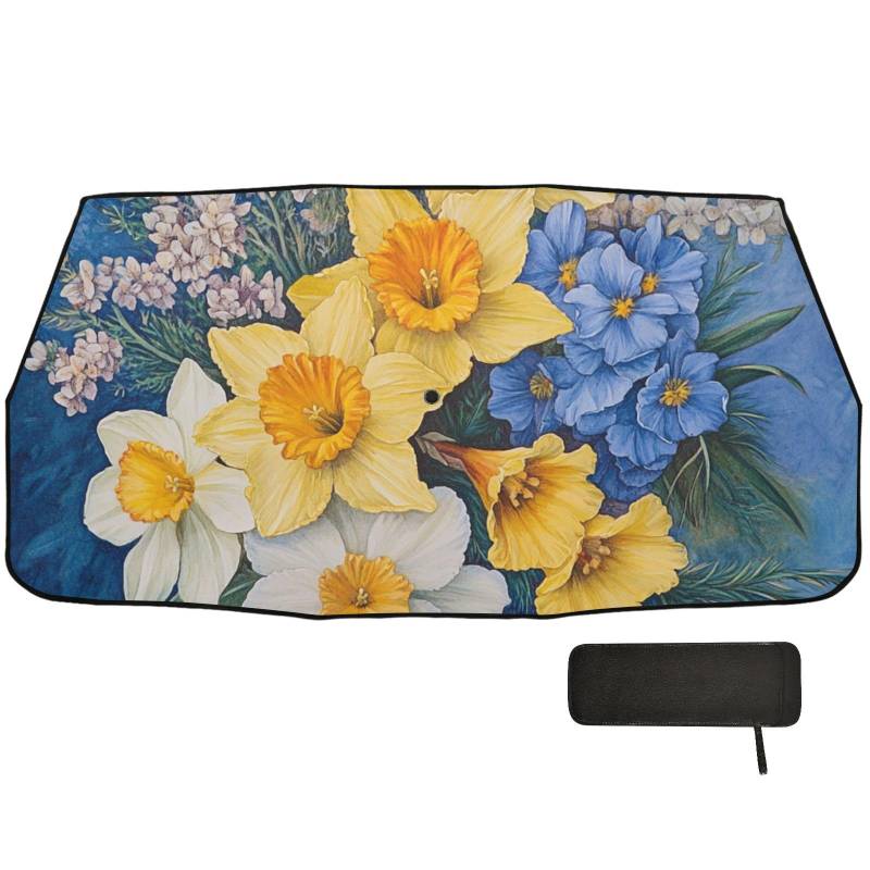 Sonnenschirm für Auto, Motiv: Retro-Blumen mit blauem Ölgemälde, zusammenklappbar als Windschutzscheibenabdeckung, Autoschirm, Sonnenschirm von EtherSpher