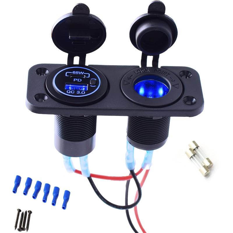 Auto USB PD Typ C Steckdose 65W Zigarettenanzünder Einbausteckdose mit QC3.0 USB PD TYPE-C Ladegerät Wasserdicht für 12V 24V Auto Boot Marine Motorrad LKW von Etrogo