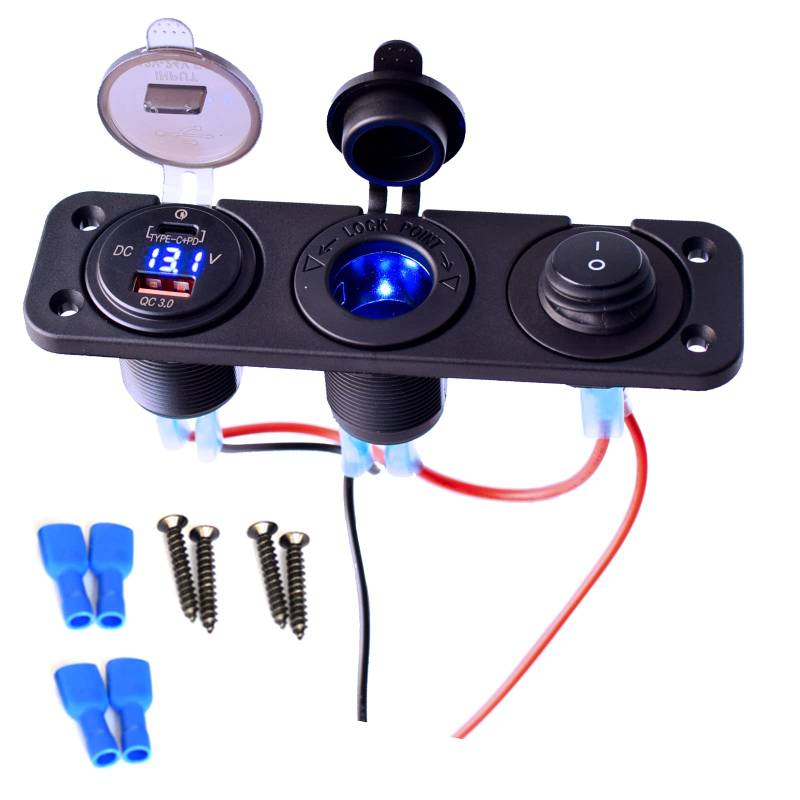 Etrogo Auto USB PD Steckdose Zigarettenanzünder Einbausteckdose 12V 24V mit QC3.0 USB PD TYPE-C Ladegerät mit Digitale LED Anzeige Unabhängigem Schalter Wasserdicht für Auto Boot Marine Motorrad LKW von Etrogo