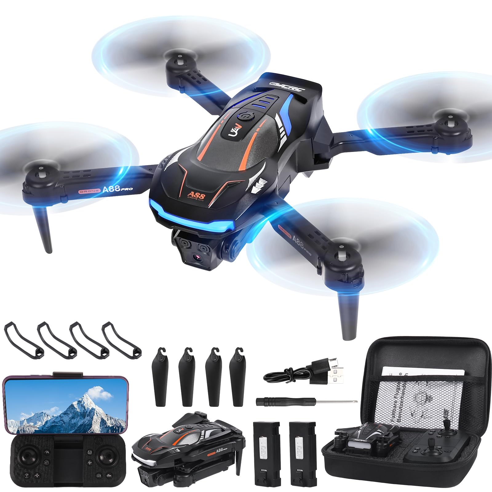 Drohne mit Kamera 1080P HD für Kinder, RC Drone mit 2 Akku, Faltbar Quadcopter mit FPV WiFi Übertragung Schwerkraft Sensor, 3D Flip Mode, Ein-Tasten-Start/Landung, Höhenhaltemodus, Headless Mode von Euakee