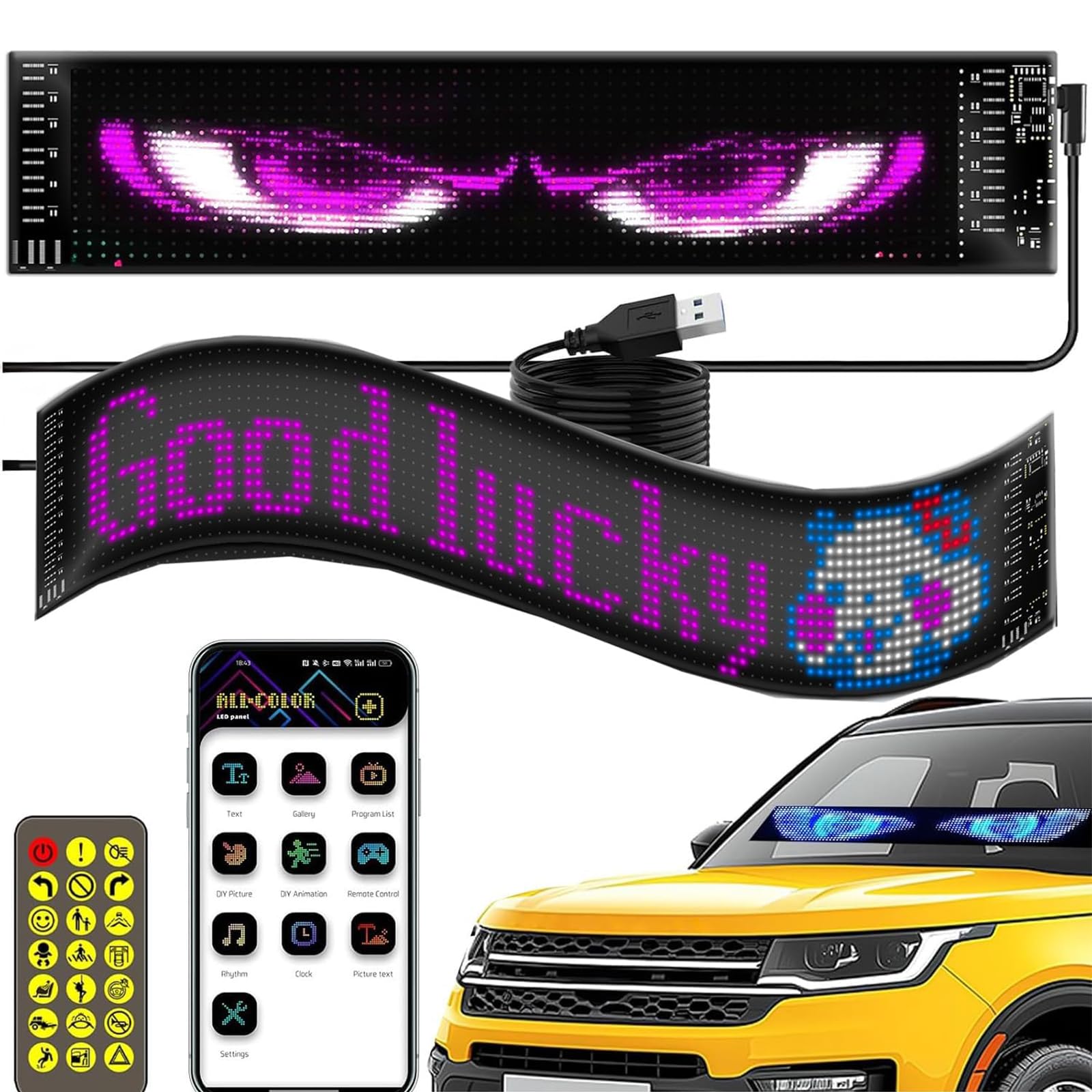 Euakee LED-Zeichen für Auto, 12x59.5cm LED-Matrix-Panel, Devil Eyes Licht für Autos, Bunte Auge Lampe weichen Bildschirm für Heimtextilien, Große Programmierbare Flexible Bildschirm von Euakee