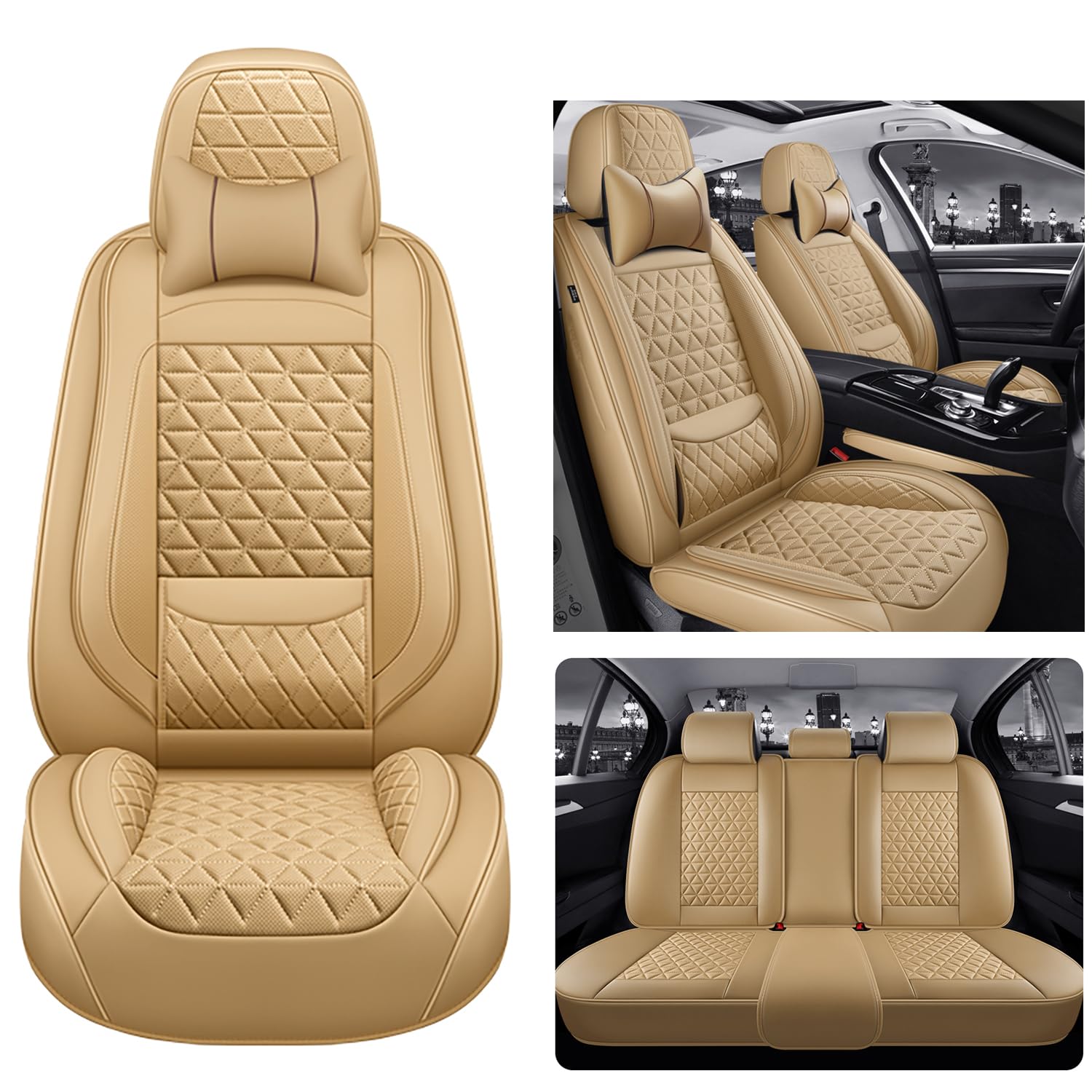 Eunncu Autositzbezüge komplettes Set Universal in Stylish Design | Schonbezüge für Vordersitze und Rückbank | Auto Sitzbezüge Airbag Kompatibel | Premium Wasserdicht Sitzbezug, Beige von Eunncu