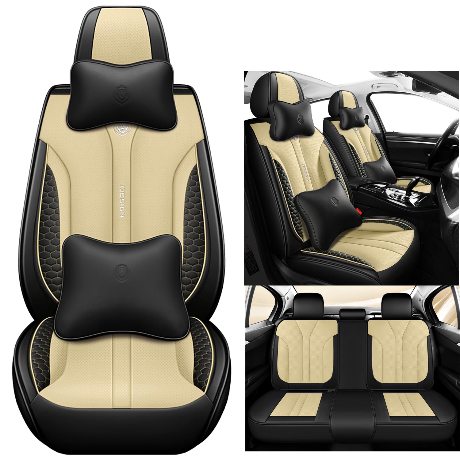 Eunncu Autositzbezüge komplettes Set Universal in Stylish Design | Schonbezüge für Vordersitze und Rückbank | Auto Sitzbezüge Airbag Kompatibel | Premium Wasserdicht Sitzbezug, Beige von Eunncu